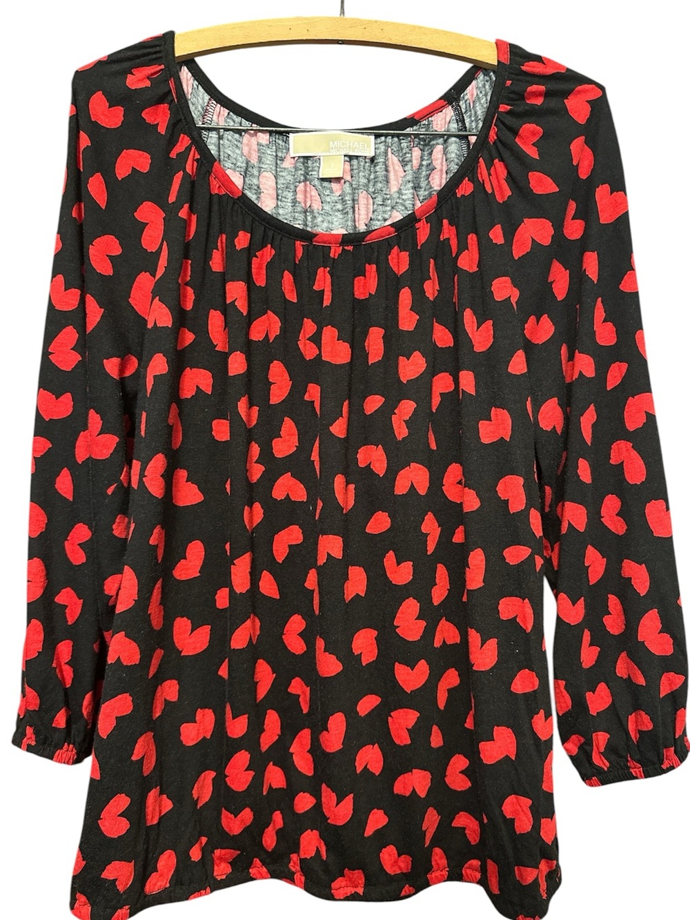 Michael Kors Black Scoop-Neck Top with Red Heart Print SZ S